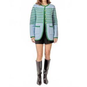 NEW ENGLISH FACTORY women's knit striped sweater cardigan in blue green multi